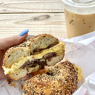 The sun city bagel  with a ice coffee!