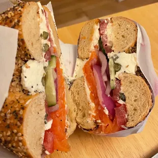 a bagel sandwich cut in half