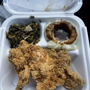 1/2 Chicken Plate, Mashed Potatoes &amp; Gravy, Turnip Greens