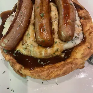 Bangers and Mash Potatoes and a Yorkshire Pudding bowl