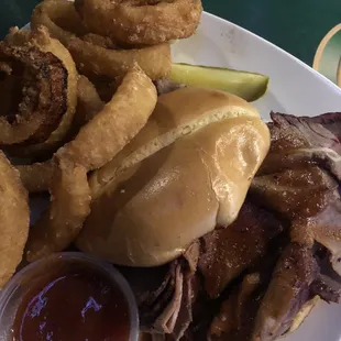 BBQ brisket sandwiches the rings are a $2 up charge which was fine and better than just their fired chips