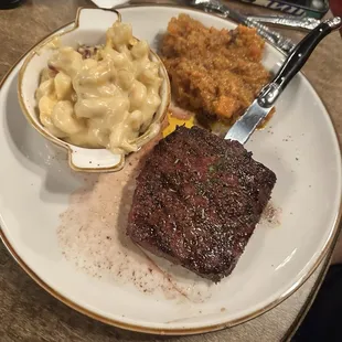 Creekstone Flat Iron steak with sweet potato mash and baked mac and cheese