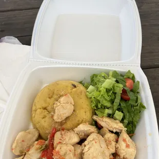 Mofongo, chicken, and salad