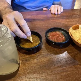 Arbul salsa and hot salsa. Both excellent! Muy Caliente! Also the house marg was tasty.