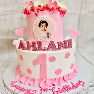 a pink and white birthday cake