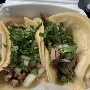 Buche and barbacoa tacos with a side of mild sauce.