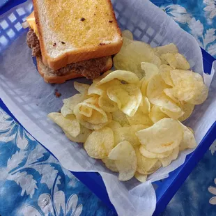 A Regular Patty Melt with Lays Chips! The burger was so juicy and homey!