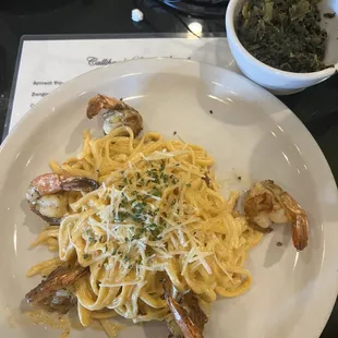 Cajun pasta with shrimp &amp; side of greens