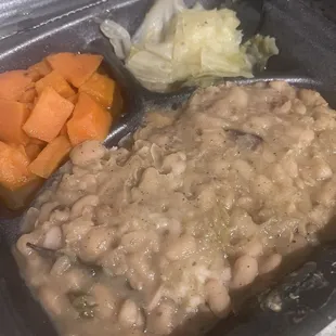 White beans with sausage, yams and cabbage