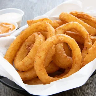 a basket of onion rings