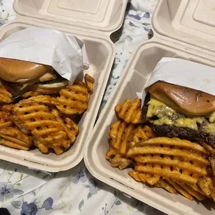 Single smash burger and waffle fries