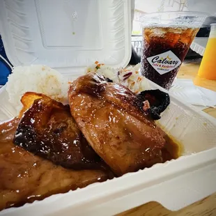 Guava Chicken white rice and Cole slaw with a drink.