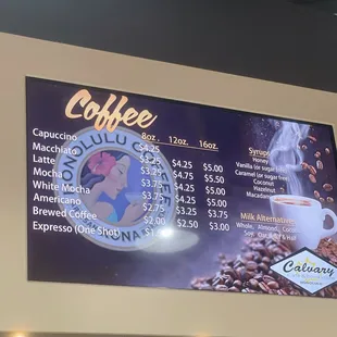 Coffee menu