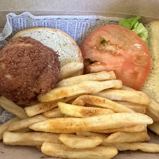 Food Truck: Crab cake sandwich with lettuce and tomato ($22) and fries ($3)