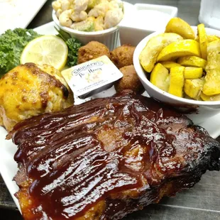 July special: baby back ribs, crab cake, squash, Mac salad, hush puppies