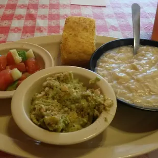 Chicken &amp; Dumplings, broccoli casserole, tomato &amp; cucumber salad, cornbread.