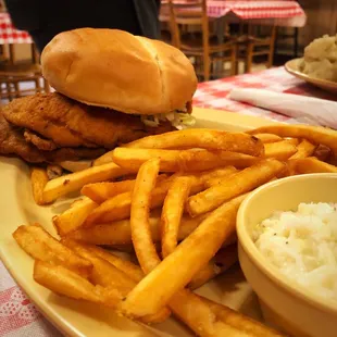 Fried Flounder plate with fries and slaw.