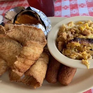 Fried flounder, sweet potato, and squash casserole.