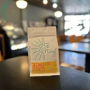 a bag of coffee on a table