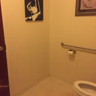 Restroom single stall restroom. Dark and dingy.