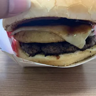 Barbecue burger. Onion ring, fried onions, pepper jack cheese and BBQ sauce