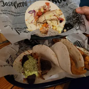 Taco Tuesday: 1 flounder, 1 blackened steak, 1 jerk chicken. They were so good the conversation faltered until these were consumed!