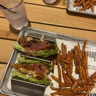 Fish Taco In lettuce wrap and Sweet Fries. I loved the fries