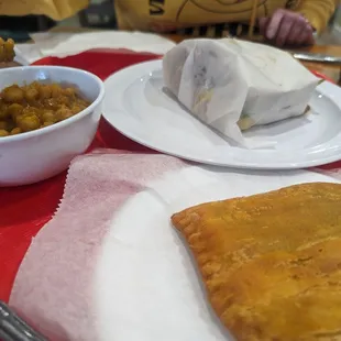 The beef patty, and curry chickpeas.