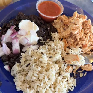 Chicken bbq with 2 sides. Rice and black beans!