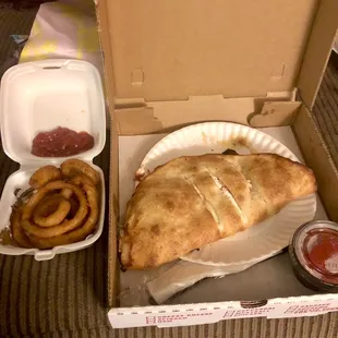 Pepperoni &amp; extra cheese Calzown &amp; Onion Rings