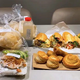 Shrimp Chips, Bánh Mì w/extra meat: #4A Grilled Pork+Egg & #1 Ham, Pâté Chaud (Pork/Chicken), Chả Giò, Bánh Cuốn, Basil Seed Drink = $41.50