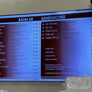 Price for Banh Mi Sandwiches