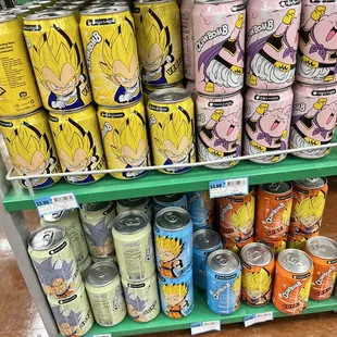 a shelf full of cans of beer