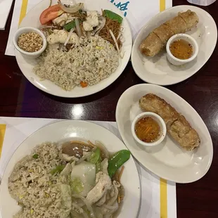 Chicken Chow Mein, Chicken Lomein Noodle, and Egg Rolls