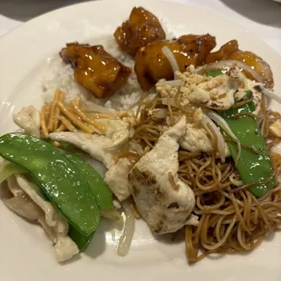 Orange chicken, chicken chow mein, chicken lo mein.