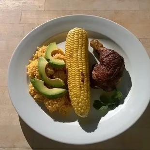 Quarter Chicken with rice, corn and avocado