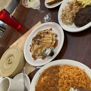 Huevos rancheros, pecan pancakes and chopped steak and eggs