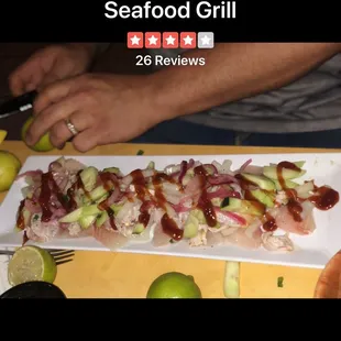 a person cutting up a piece of food