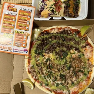 Pizza, fish taco, asada taco, menu