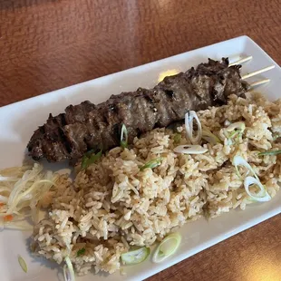 Beef sticks with fried rice
