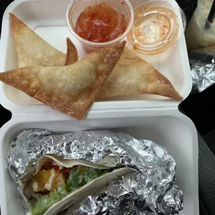 Wantons and pork taco