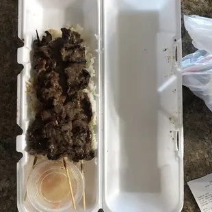 The steak on a stick with rice is very yummy!! The steak is very tender and seasoned well. Will get again.