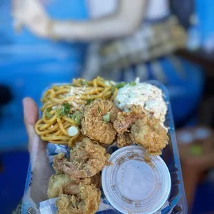 Pineapple Prawns With Garlic Noodles And MAC Salad. Wednesday Specials