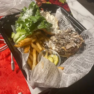 Supposed to be a stroganoff burger and there's no Swiss cheese, but all this sourcream .no way will I be ordering from them again