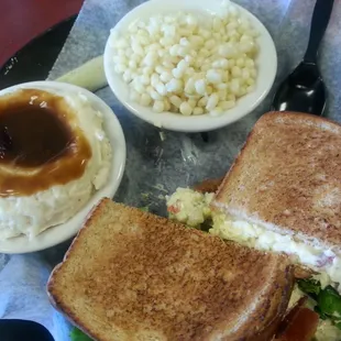 Egg Salad on Wheat Bread w/Mashed Potatoes, Gravy &amp; Corn YUM YUM