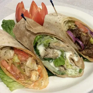 Sample of 3 wraps: BBQ steak tip, grilled chick Caesar, buffalo wrap.