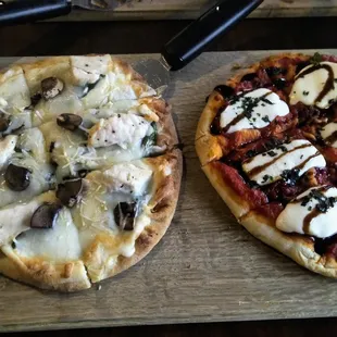 (L): Spinach/mushroom/chicken special pizza (R): Caprese pizza