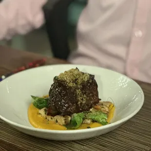 Braised short rib with butternut squash purée, brussels, &amp; carrots
