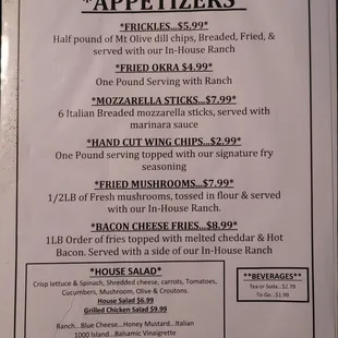 a menu for appetizers