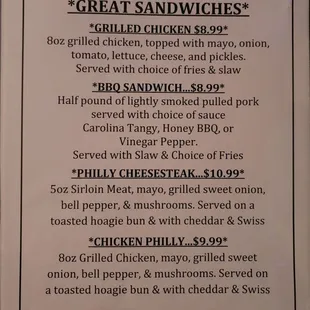 the great sandwiches menu